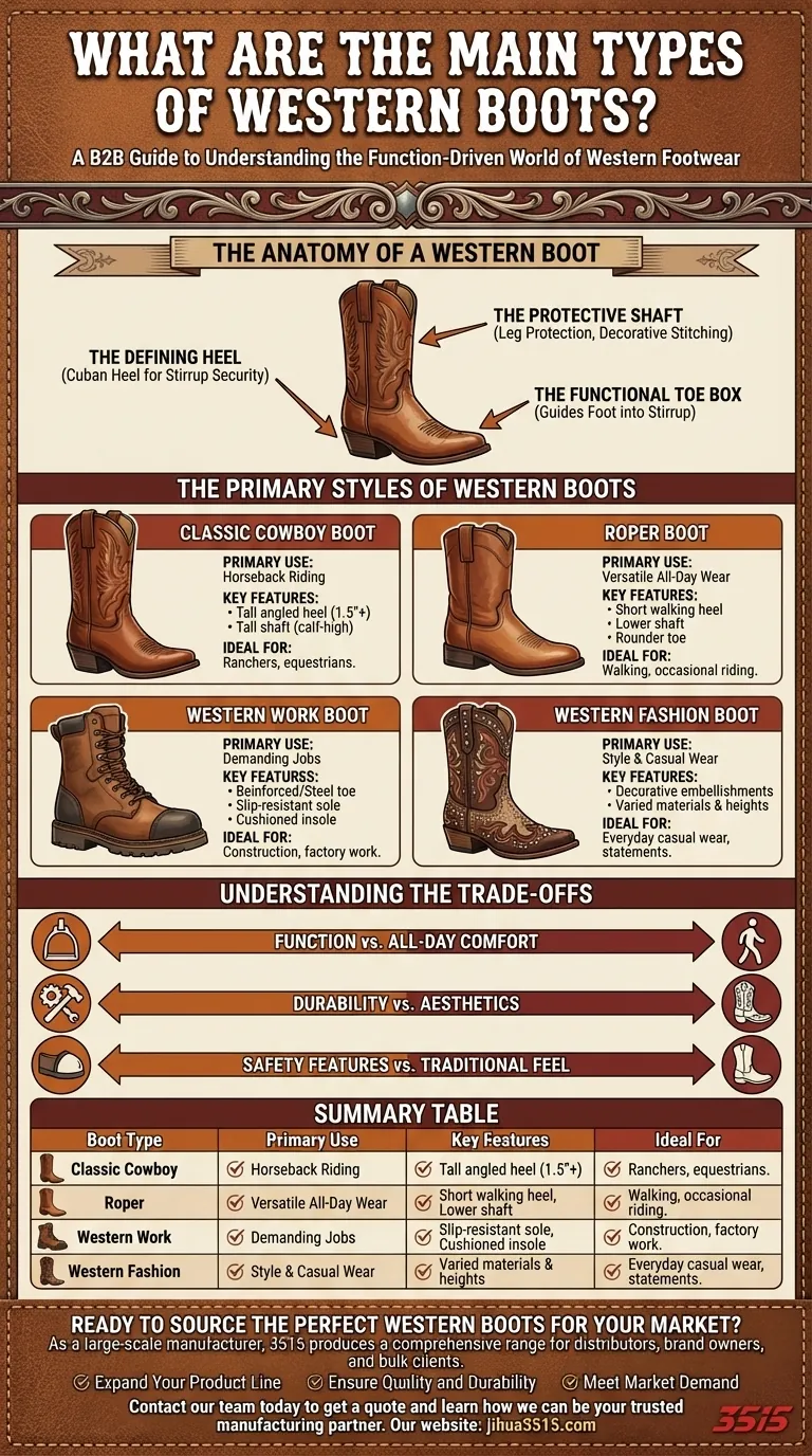 Quels sont les principaux types de bottes western ? Trouvez votre ajustement parfait pour le travail, l'équitation ou le style. Guide Visuel