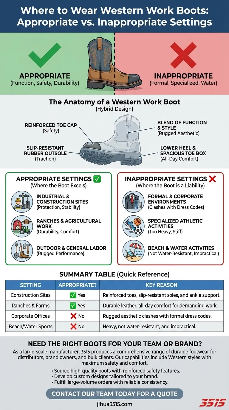 Où les bottes de travail Western sont-elles appropriées et inappropriées à porter ? Un guide de la fonction contre la mode Guide Visuel