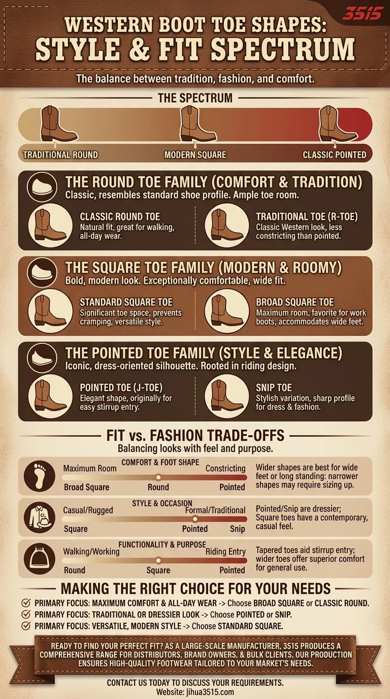 Quelles sont les formes de bouts courantes pour les bottes western ? Un guide sur l'ajustement, le style et le confort Guide Visuel