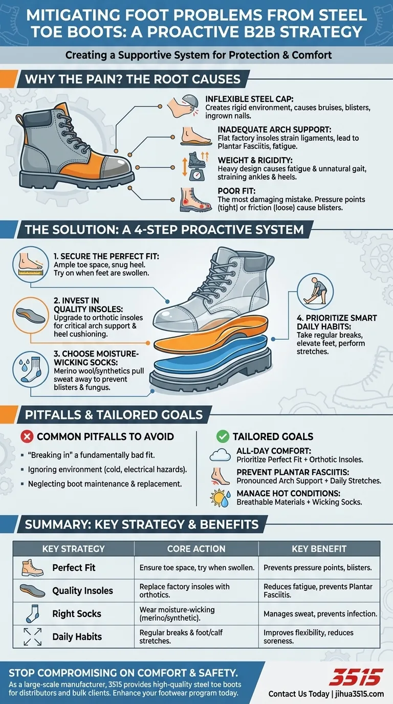 Come si possono mitigare i rischi di problemi ai piedi causati dagli scarponi con punta in acciaio? Una guida al comfort per tutto il giorno Guida Visiva