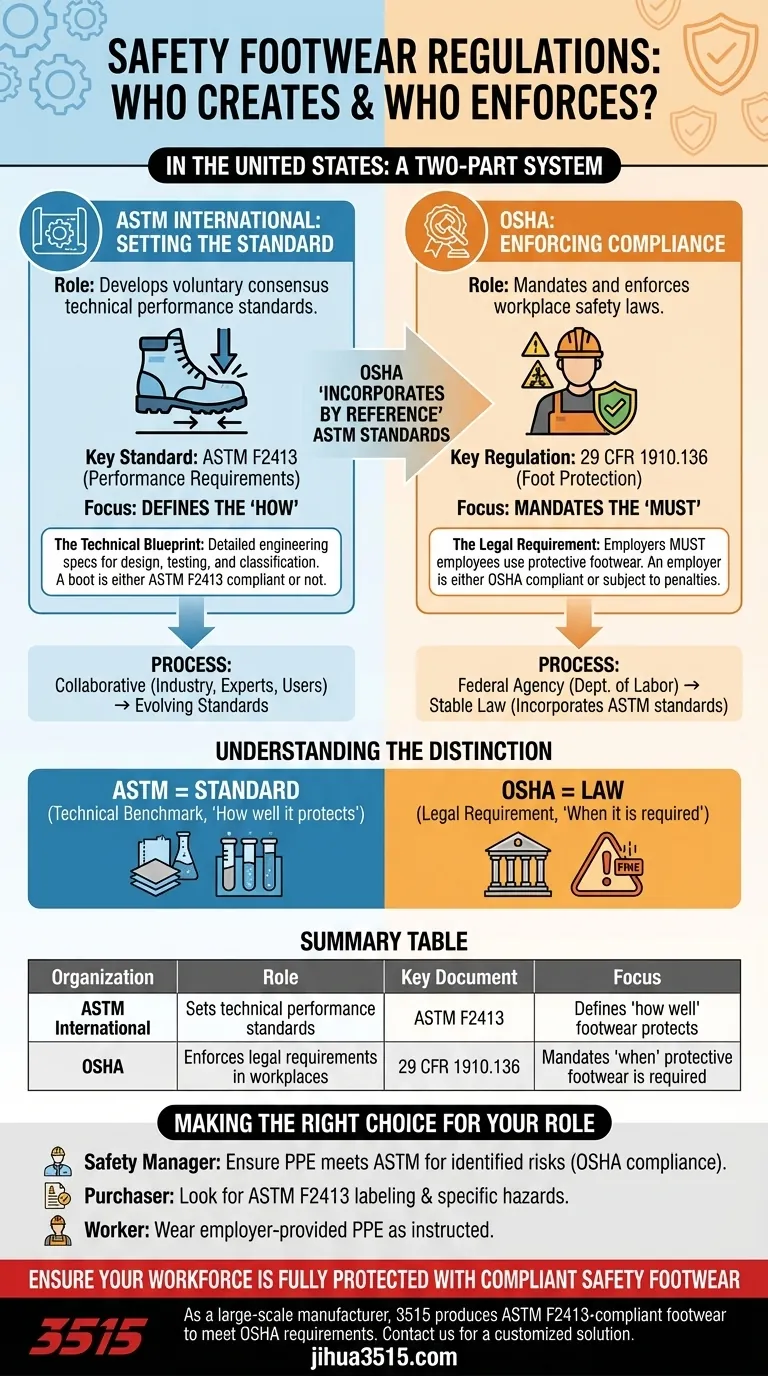 Quais organizações criam e aplicam regulamentos de calçados de segurança? Entenda os papéis da ASTM e da OSHA Guia Visual