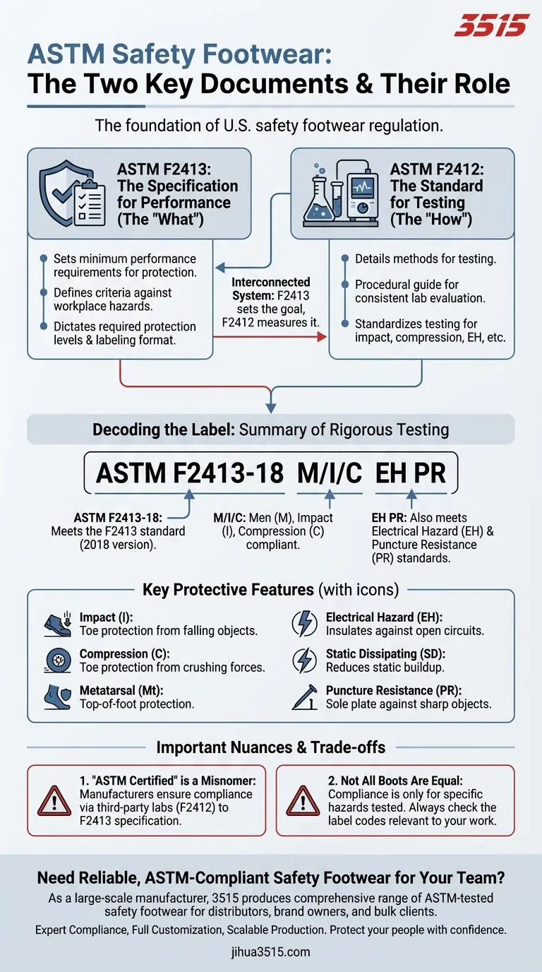 ما هما وثيقتا ASTM الدولية الرئيسيتان اللتان تحكمان أحذية السلامة؟ دليل F2413 و F2412 دليل مرئي