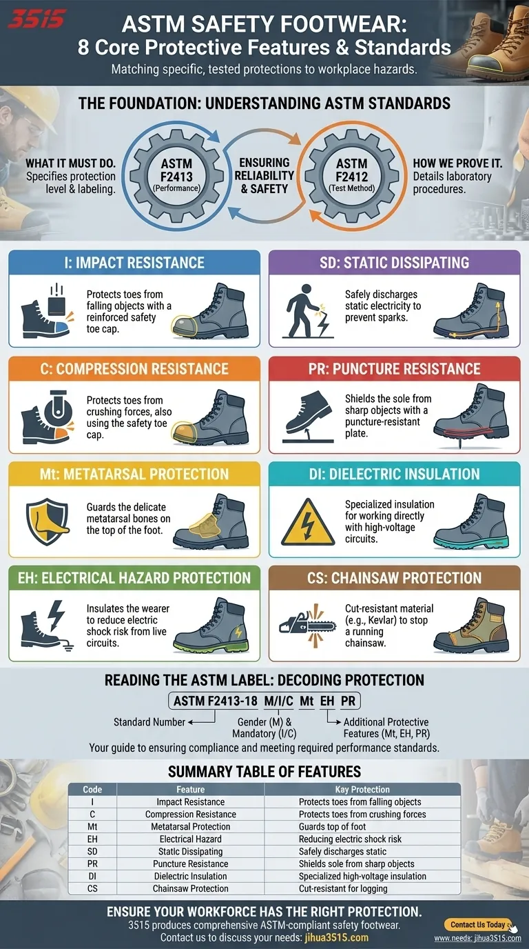 ما هي ميزات الحماية الثماني التي حددتها ASTM لأحذية السلامة؟ دليل أساسي لسلامة مكان العمل دليل مرئي
