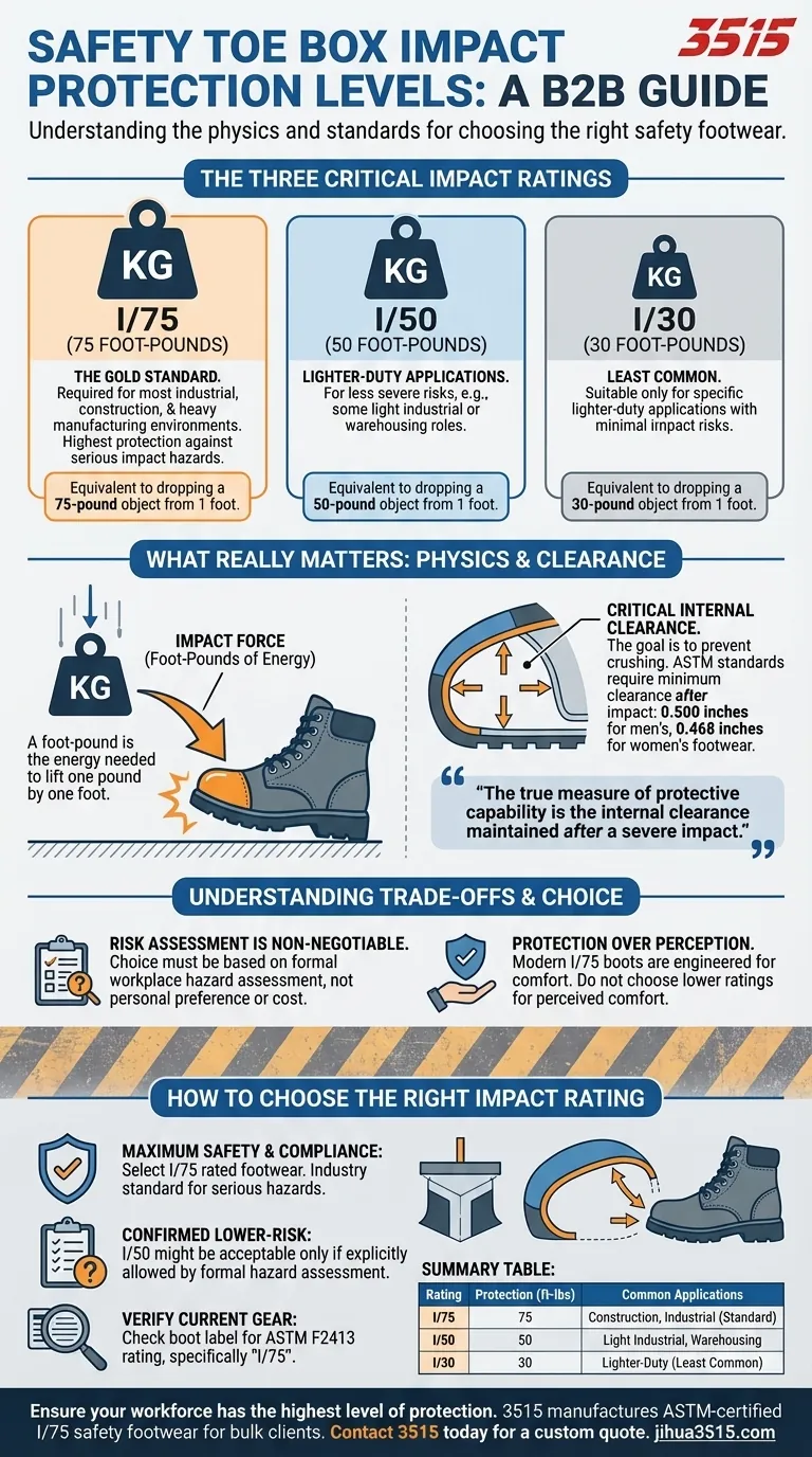 What are the different levels of impact protection provided by safety toe boxes? A Guide to I/75, I/50 & I/30 Ratings Visual Guide