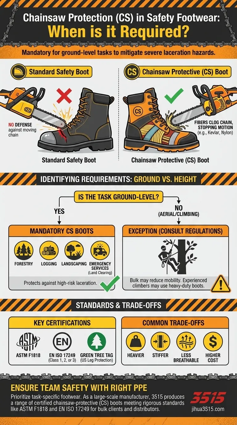 Quand la protection contre les tronçonneuses (CS) est-elle requise dans les chaussures de sécurité ? Essentiel pour l'opération de tronçonneuse au niveau du sol Guide Visuel