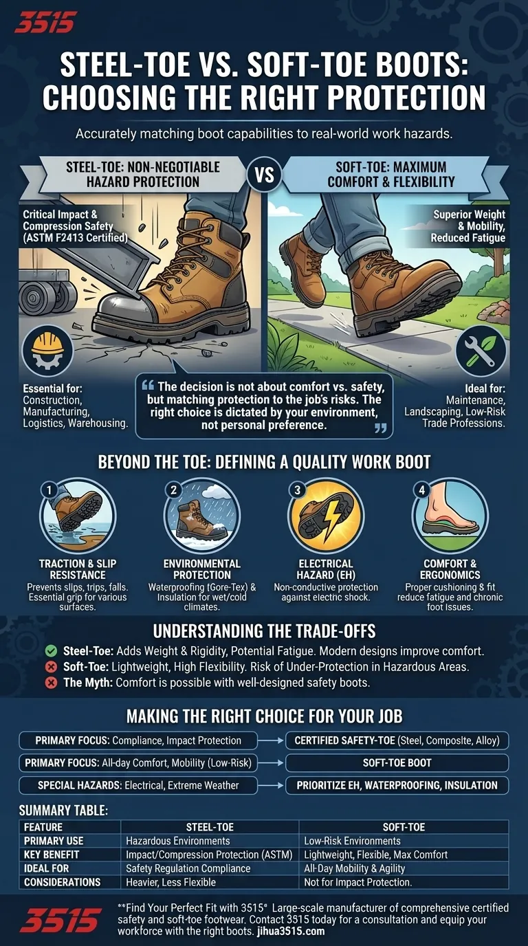ما هي الاعتبارات الرئيسية عند الاختيار بين أحذية السلامة ذات المقدمة الفولاذية والأحذية ذات المقدمة الناعمة؟ طابق حذائك مع مخاطر وظيفتك. دليل مرئي
