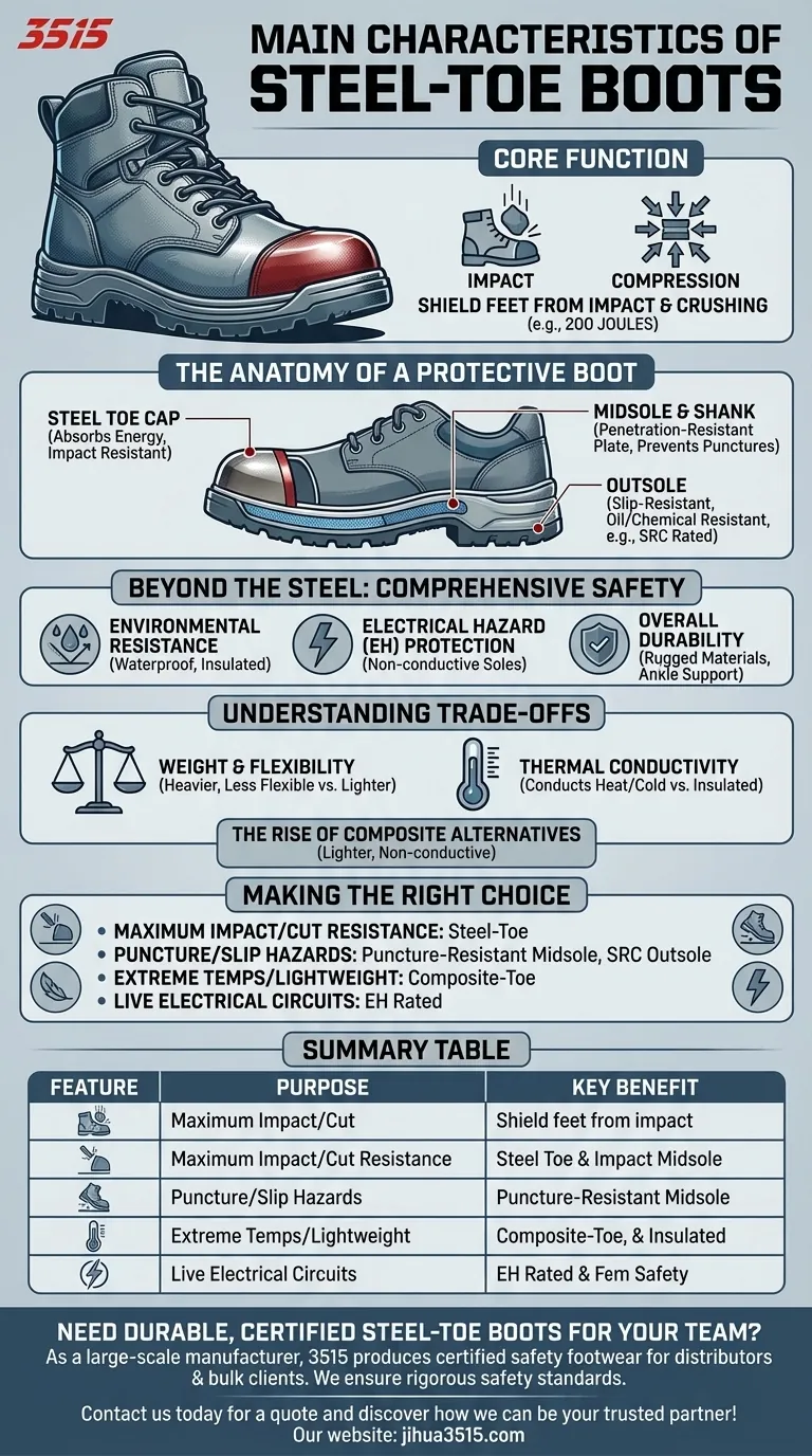 강철 발가락 부츠의 주요 특징은 무엇인가요? 필수 안전 기능 설명 시각적 가이드