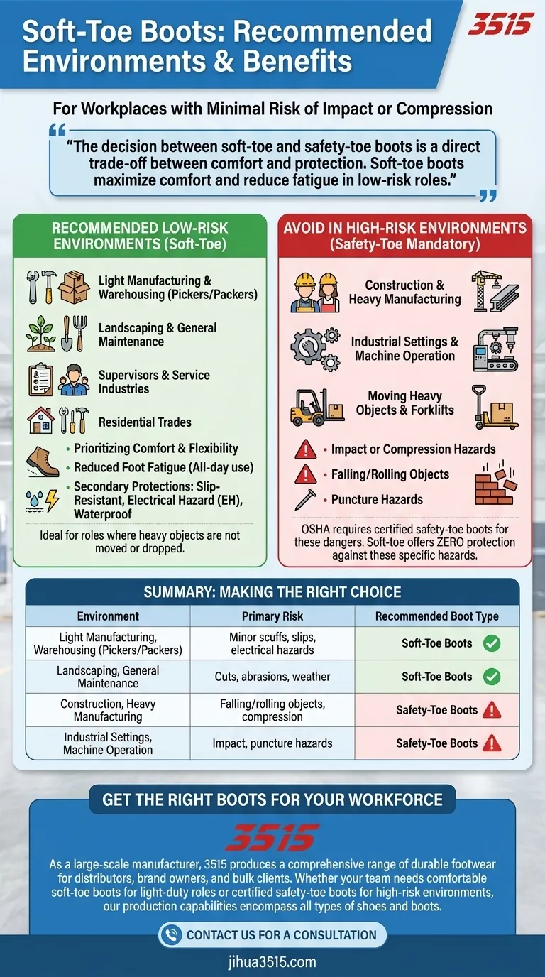 Dans quels environnements de travail les bottes à bout souple sont-elles recommandées ? Idéales pour les emplois à faible risque nécessitant un confort toute la journée. Guide Visuel