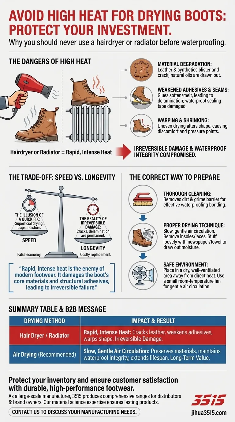 Pourquoi devriez-vous éviter d'utiliser un sèche-cheveux ou un radiateur pour sécher vos bottes avant de les imperméabiliser ? Protégez votre investissement en chaussures Guide Visuel