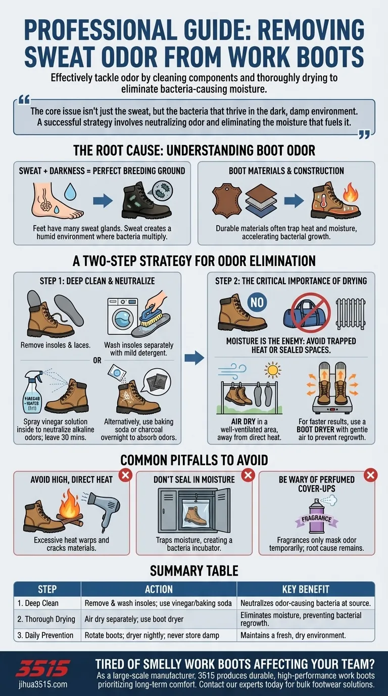 Comment éliminer l'odeur de transpiration des bottes de travail ? Éliminez les odeurs grâce à un nettoyage et un séchage appropriés. Guide Visuel