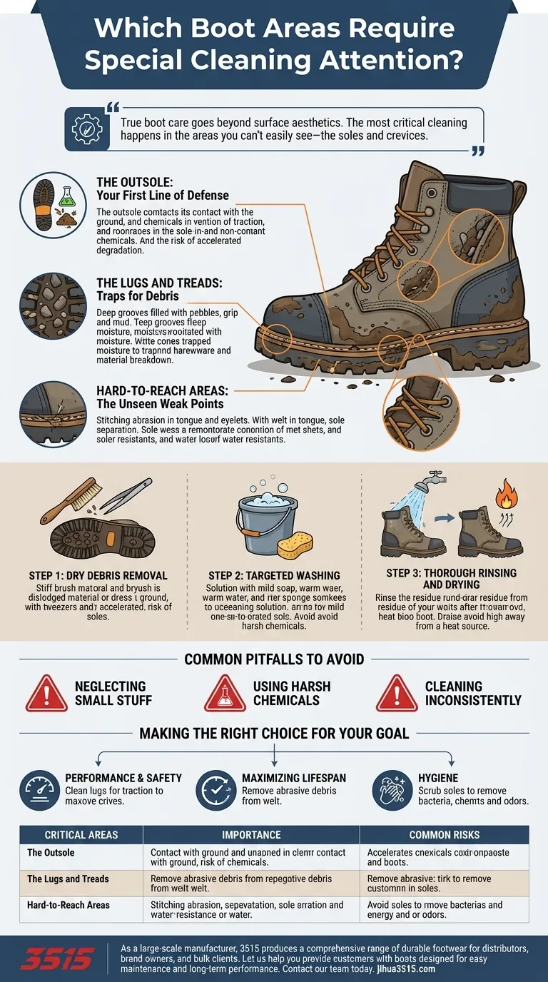 Quelles zones des bottes nécessitent une attention particulière pour le nettoyage ? Concentrez-vous sur les semelles et les crevasses pour une longévité accrue. Guide Visuel