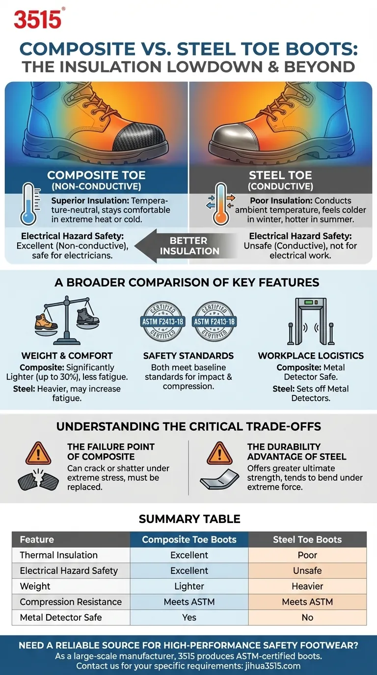 Quel est le niveau d'isolation des bottes à embout composite par rapport aux bottes à embout en acier ? Sécurité thermique et électrique supérieure Guide Visuel