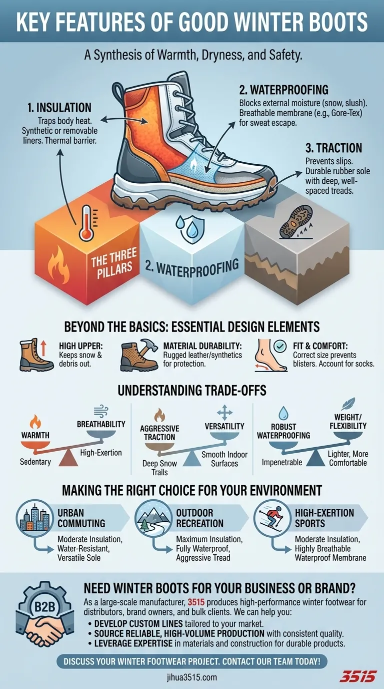 Quelles sont les caractéristiques clés des bonnes bottes d'hiver ? Isolation, imperméabilité et adhérence expliquées Guide Visuel