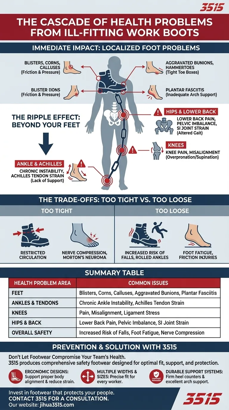 Quels problèmes de santé peuvent résulter du port de bottes de travail mal ajustées ? Protégez votre corps, des pieds au dos Guide Visuel