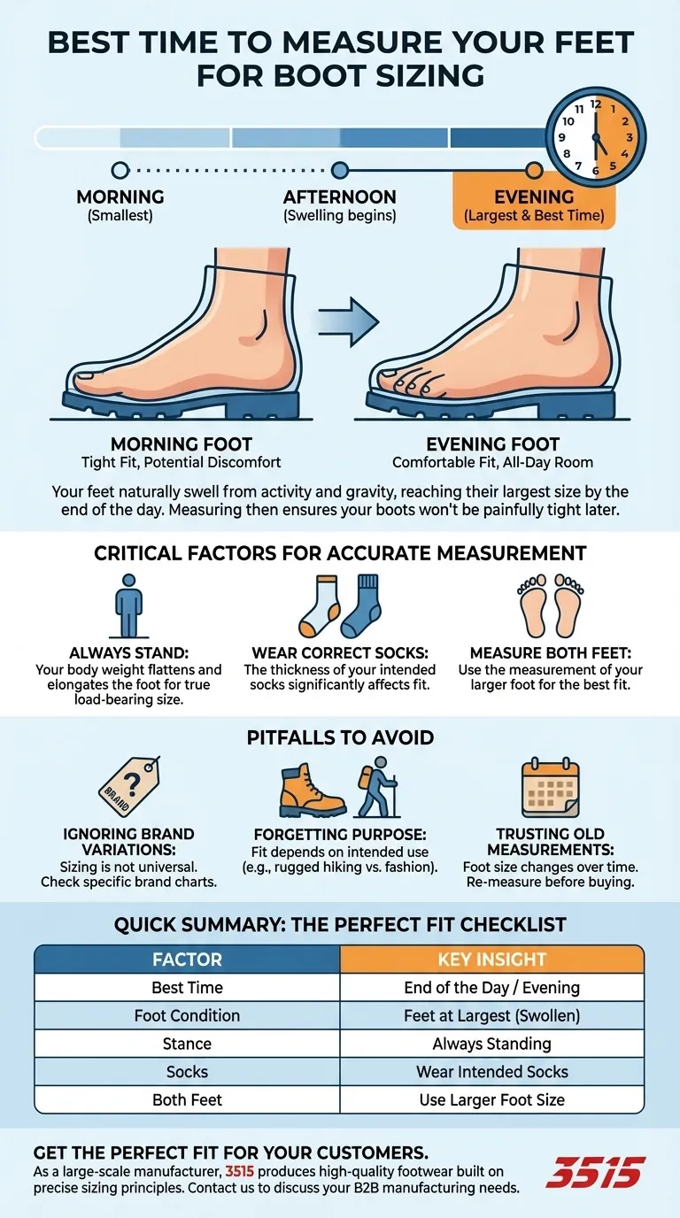 Qual è il momento migliore della giornata per misurare i piedi per la taglia degli stivali? Misura la sera per una vestibilità perfetta Guida Visiva