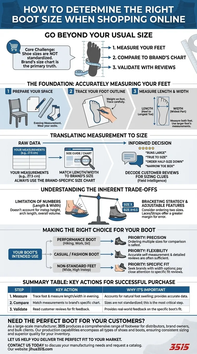 How can you determine the right boot size when shopping online? Get a Perfect Fit with Our Guide Visual Guide