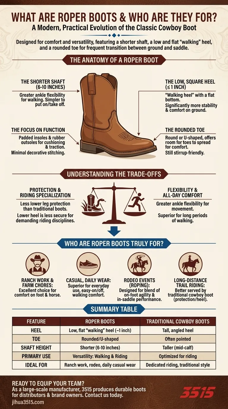 Que sont les bottes de type roper et à qui conviennent-elles ? Trouvez vos chaussures de travail et décontractées parfaites. Guide Visuel