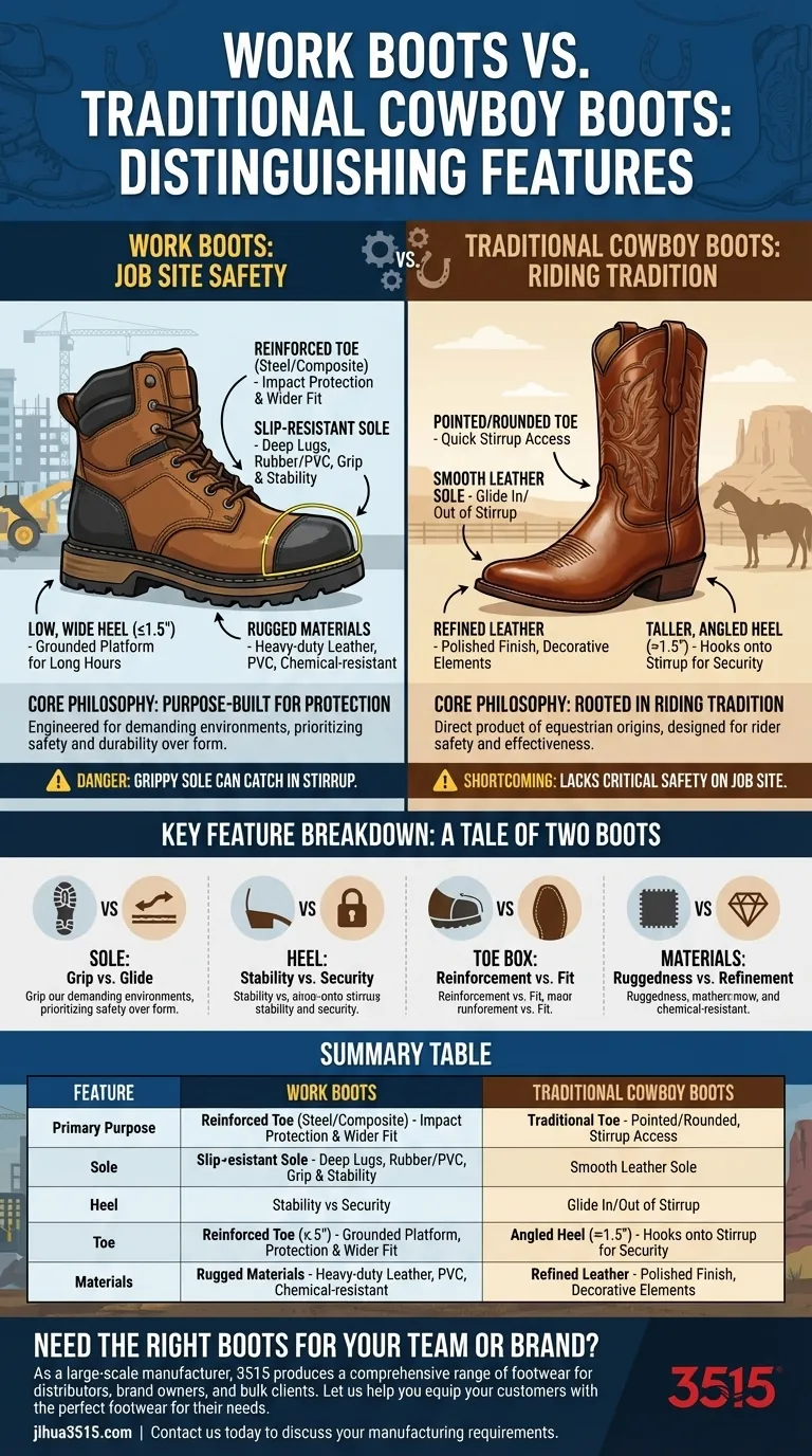 ワークブーツと他の種類のカウボーイブーツを区別する特徴は何ですか？安全性対ライディングパフォーマンスのガイド ビジュアルガイド