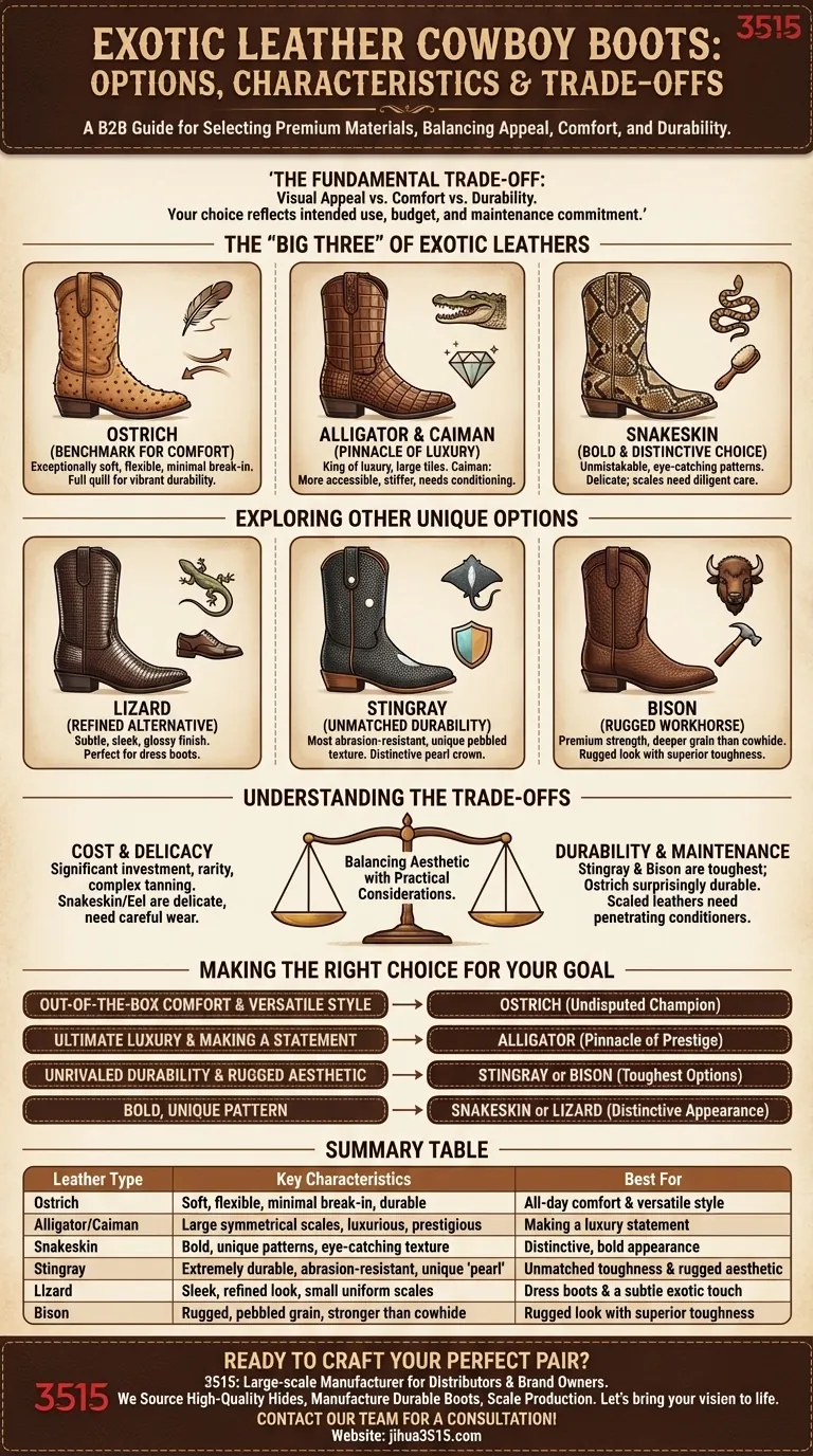Quelles sont les options de cuir exotique pour les bottes de cowboy ? Un guide sur l'autruche, l'alligator et plus encore Guide Visuel