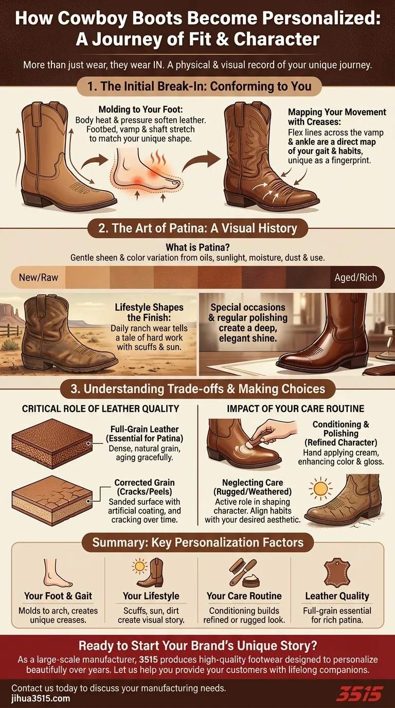 Comment les bottes de cowboy se personnalisent-elles avec le temps ? Le parcours de bottes neuves à une seconde peau Guide Visuel