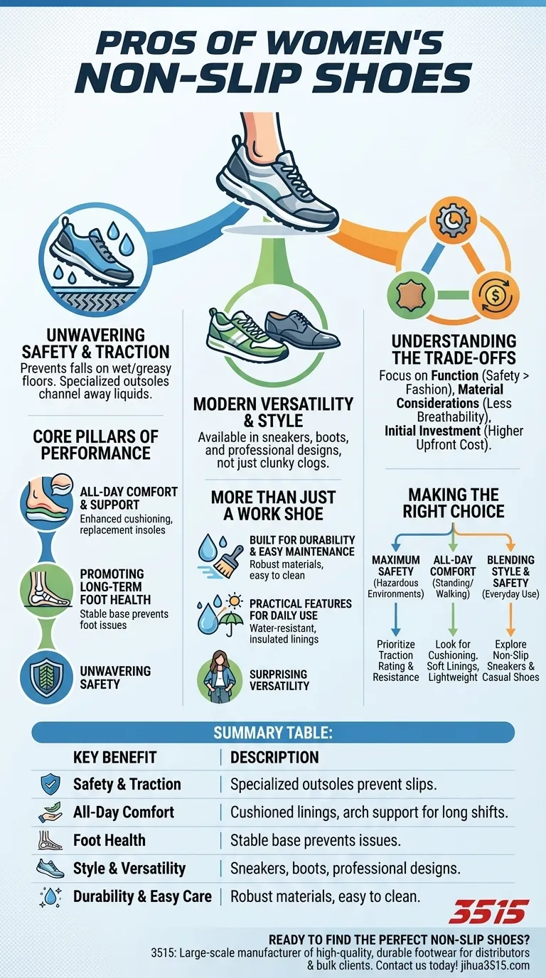¿Cuáles son algunas ventajas mencionadas para los zapatos antideslizantes para mujer? Mejora la seguridad, la comodidad y el estilo Guía Visual