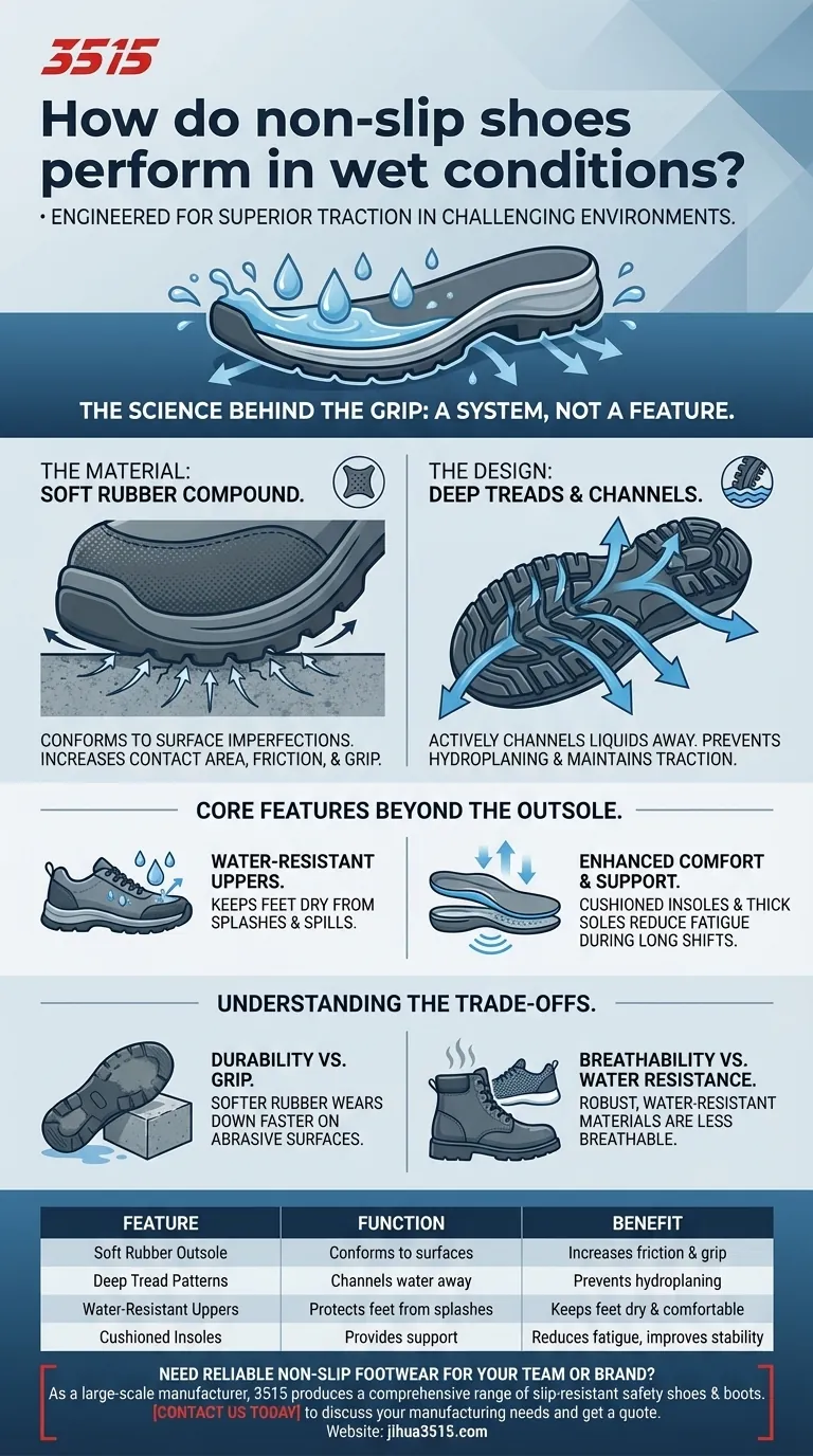 كيف تعمل الأحذية غير القابلة للانزلاق في الظروف الرطبة؟ قوة جر فائقة للسلامة والثبات دليل مرئي