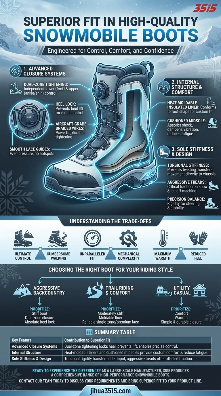 What features contribute to the superior fit of high-quality snowmobile boots? Achieve Ultimate Control & Comfort Visual Guide