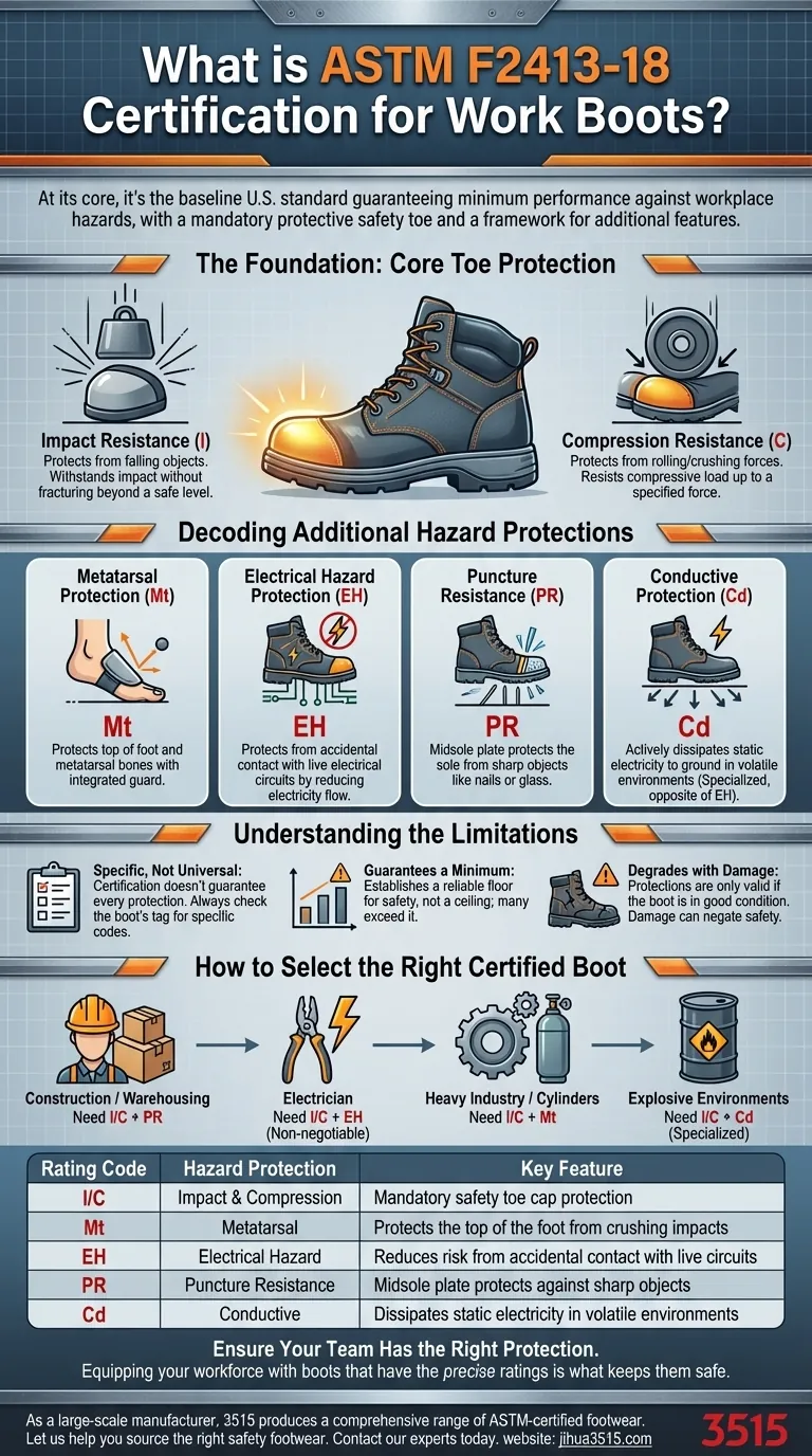 ASTM F2413-18 인증은 작업화에 대해 무엇을 보장하나요? 안전 등급 해독 가이드 시각적 가이드