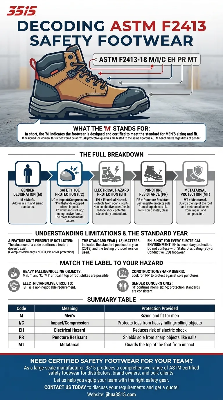 ¿Qué significa la 'M' en ASTM F2413-18 M/I/C EH PR MT? Decodificando las etiquetas del calzado de seguridad Guía Visual