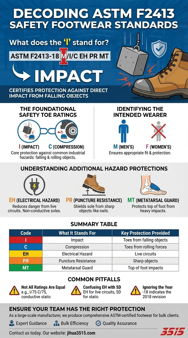 What does the 'I' in ASTM F2413-18 M/I/C EH PR MT stand for? Decoding Your Safety Boot's Impact Rating Visual Guide