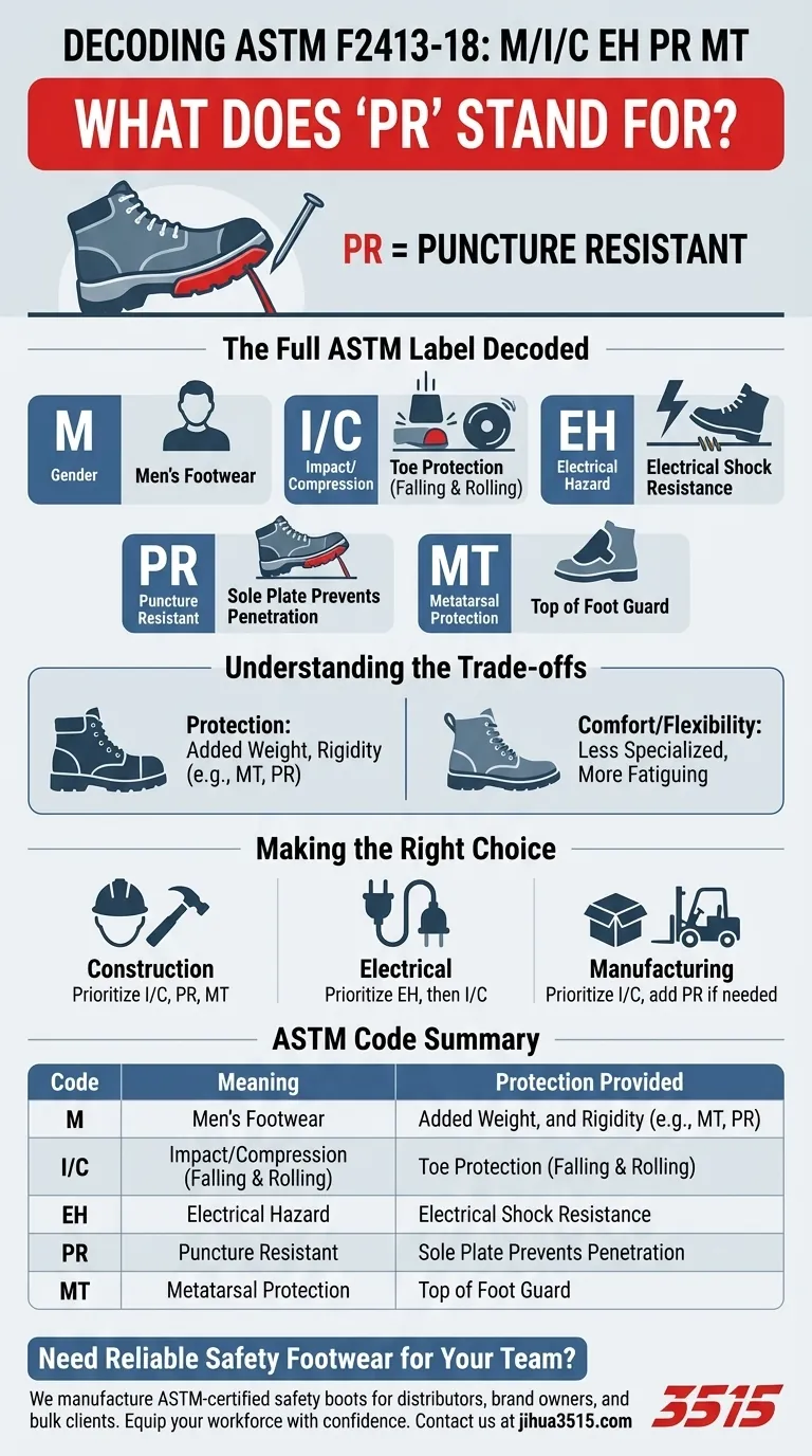 Cosa significa 'PR' in ASTM F2413-18 M/I/C EH PR MT? Decodifica l'etichetta di sicurezza del tuo stivale Guida Visiva
