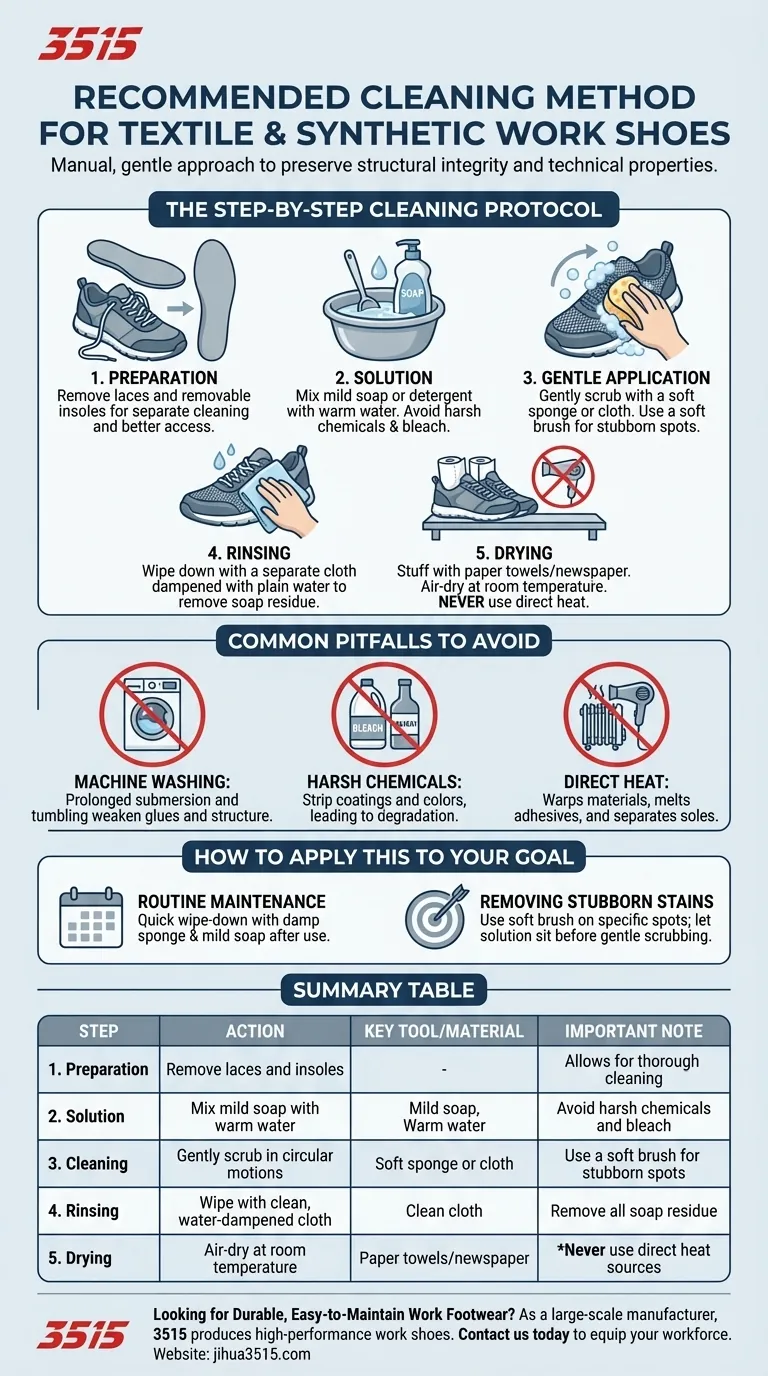 Quelle est la méthode recommandée pour nettoyer les chaussures de travail en textile ou synthétiques ? Un guide doux pour préserver vos chaussures Guide Visuel