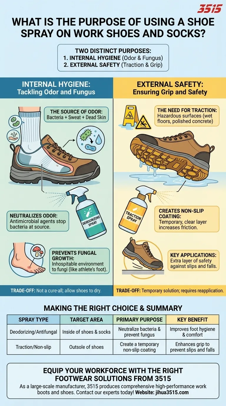 Quel est le but de l'utilisation d'un spray pour chaussures sur les chaussures et les chaussettes de travail ? Améliorer l'hygiène et la sécurité Guide Visuel