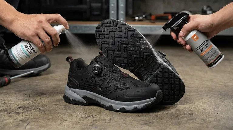 Quel est le but de l'utilisation d'un spray pour chaussures sur les chaussures et les chaussettes de travail ? Améliorer l'hygiène et la sécurité