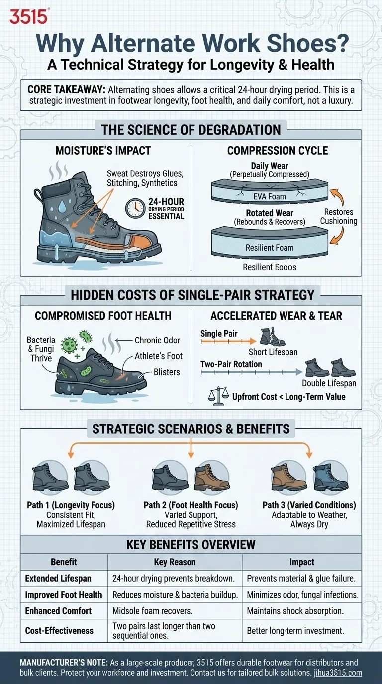Pourquoi est-il avantageux d'alterner entre deux paires de chaussures de travail ? Prolongation de la durée de vie et amélioration de la santé des pieds Guide Visuel