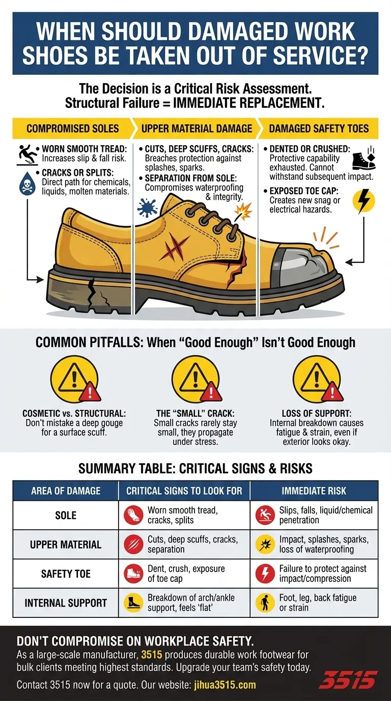 Quando le scarpe da lavoro danneggiate devono essere ritirate dal servizio? Una guida critica alla sicurezza Guida Visiva