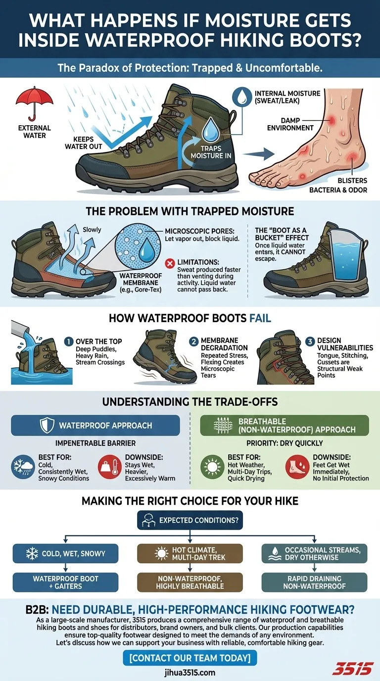 Que se passe-t-il si de l'humidité pénètre à l'intérieur des chaussures de randonnée imperméables ? L'eau piégée entraîne des ampoules et de l'inconfort Guide Visuel