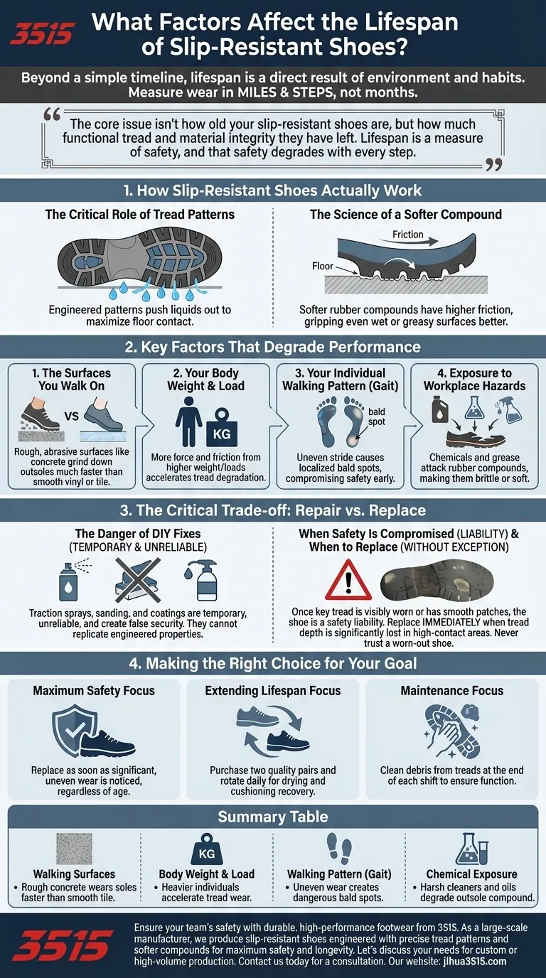 Quais fatores afetam a vida útil dos sapatos antiderrapantes? A verdade sobre segurança e desgaste. Guia Visual