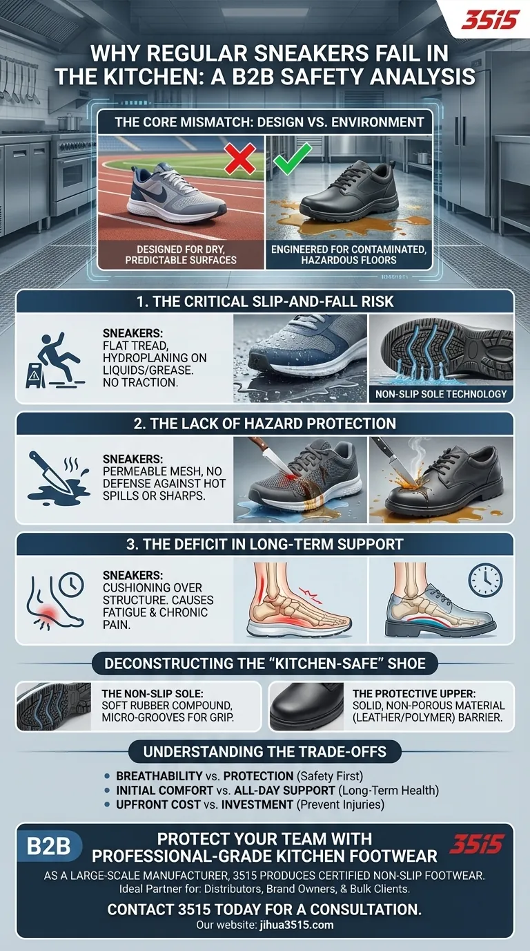 ¿Por qué las zapatillas deportivas normales no son adecuadas para entornos de cocina? Los peligros ocultos del calzado inadecuado Guía Visual