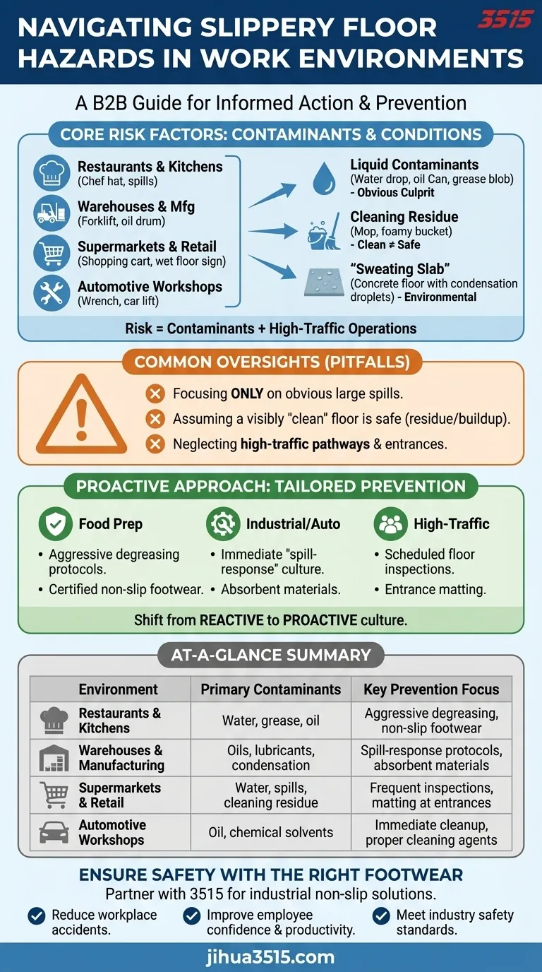 Quels types d'environnements de travail sont particulièrement sujets aux sols glissants ? Prévenir les accidents par glissade et chute Guide Visuel