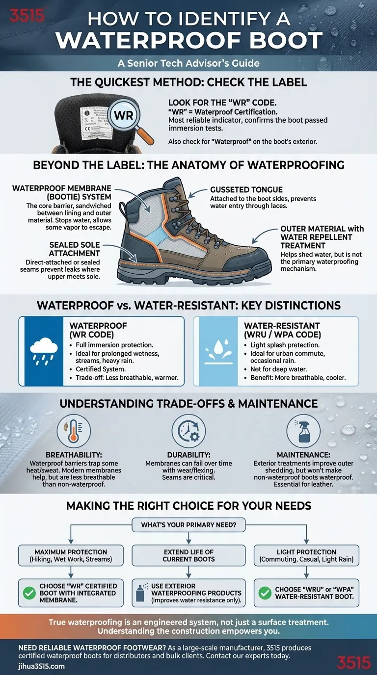Wie identifiziert man einen wasserdichten Stiefel? Achten Sie auf den Code „WR“ für garantierten Schutz. Visuelle Anleitung