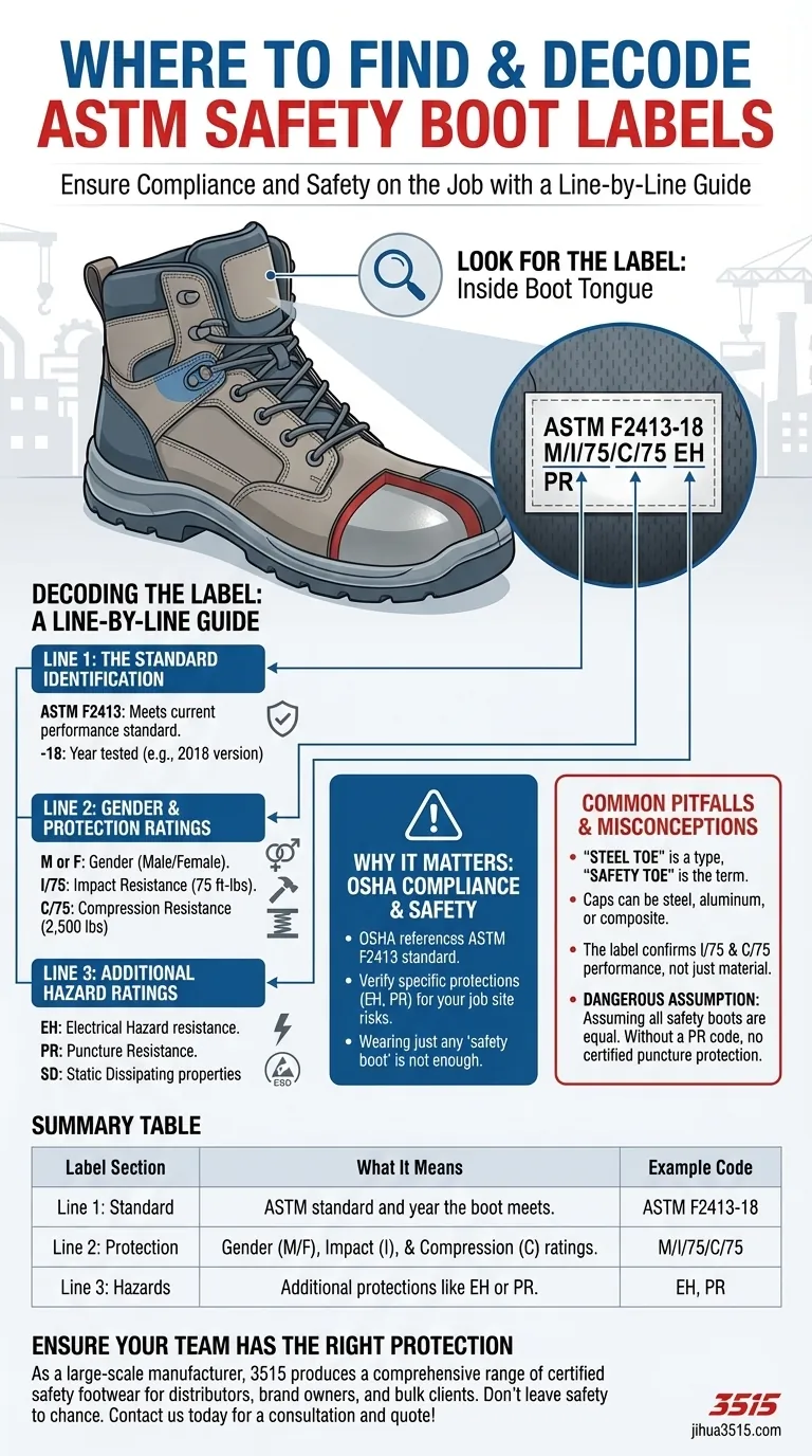 Onde se encontra o código ASTM nas botas de biqueira de segurança? Um guia para localizar e decodificar a etiqueta de segurança da sua bota Guia Visual