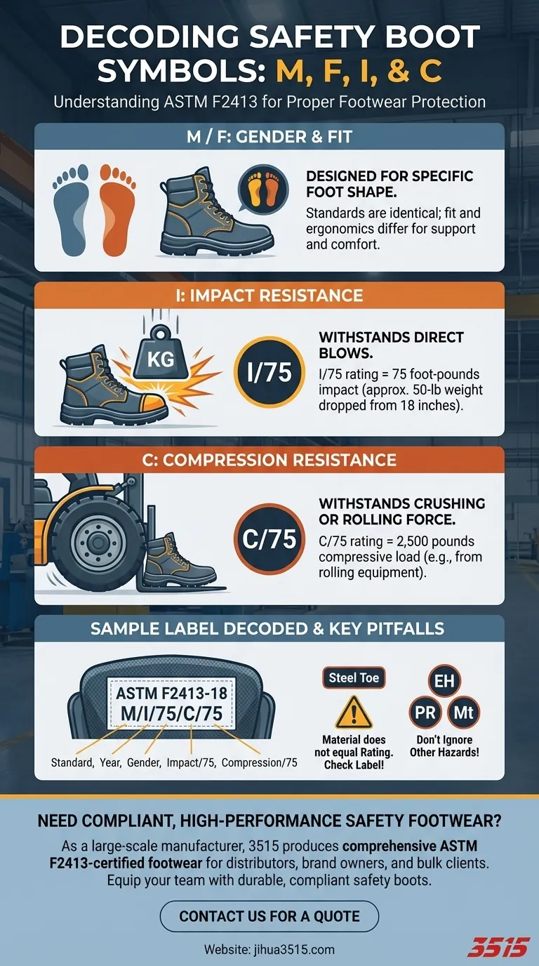 Que représentent les symboles M, F, I et C sur les bottes à embout de sécurité ? Décoder l'ASTM F2413 pour une protection maximale Guide Visuel