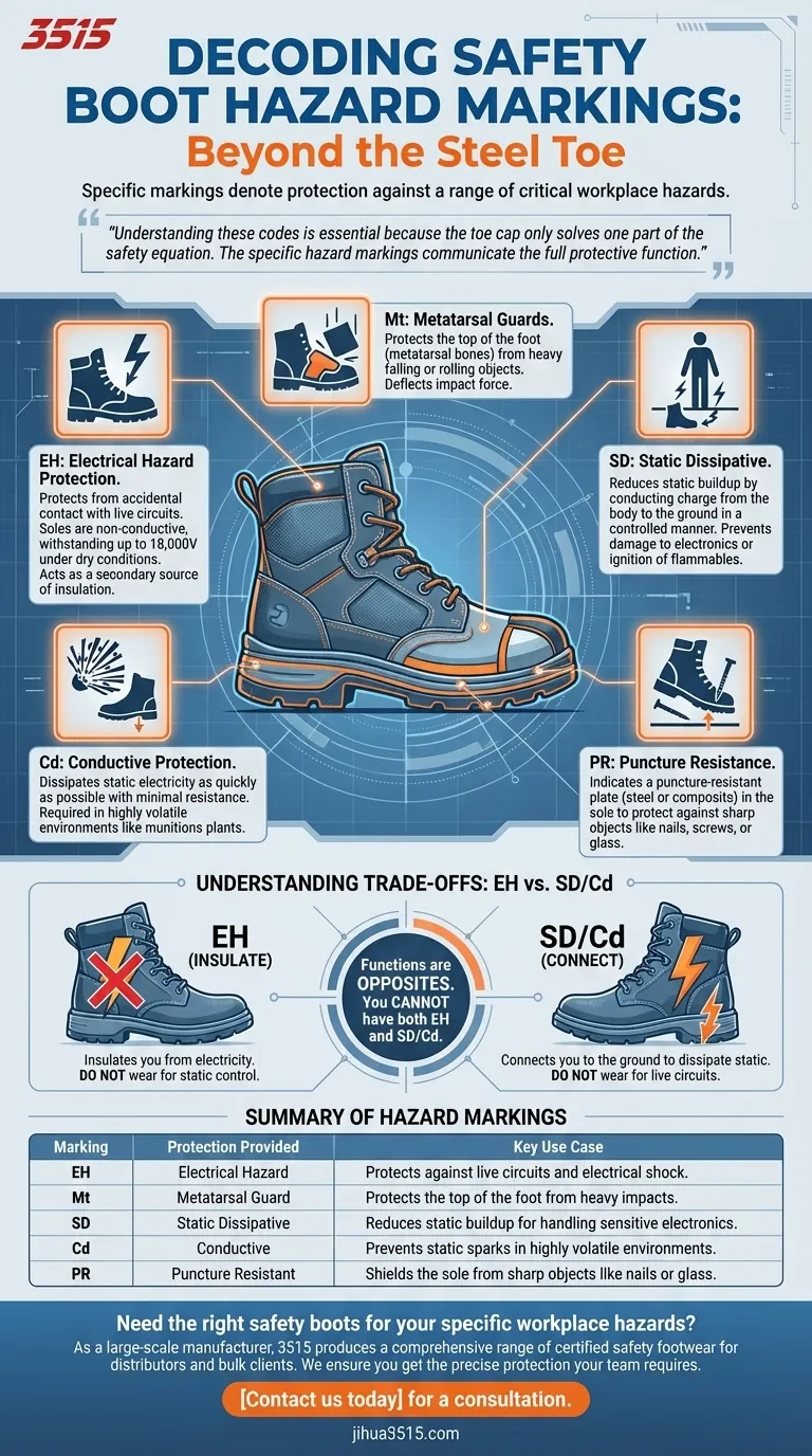 Welche anderen Gefahren am Arbeitsplatz werden auf Sicherheitsschuhspitzen gekennzeichnet? Entschlüsseln Sie die Markierungen EH, Mt und SD. Visuelle Anleitung