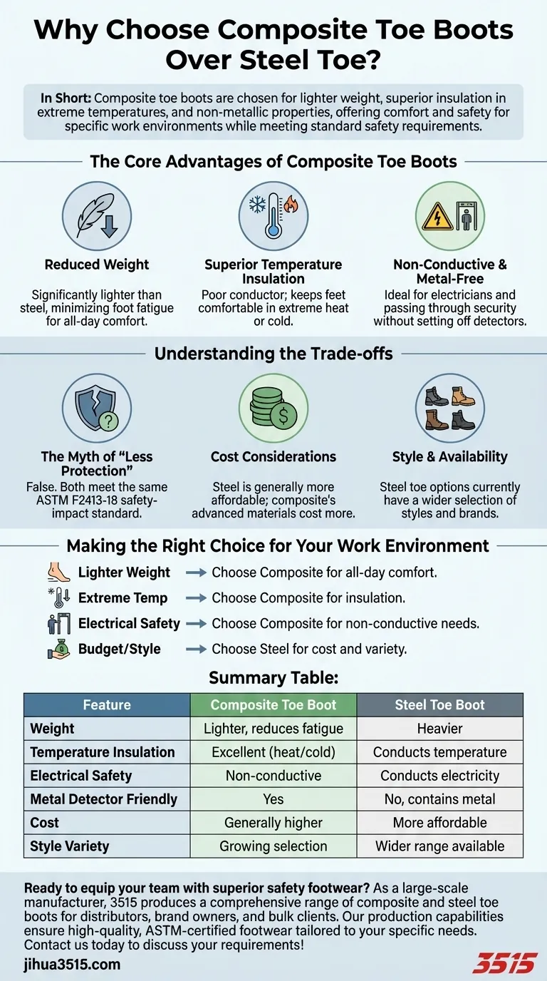 Pourquoi choisir une botte à embout composite plutôt qu'une botte à embout en acier ? Plus légères, plus sûres et plus confortables. Guide Visuel