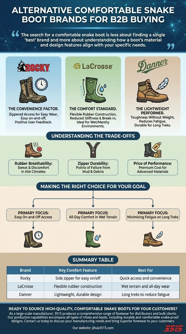 Quelles marques alternatives de bottes anti-serpent sont mentionnées comme options plus confortables ? Rocky, LaCrosse et Danner mènent la danse Guide Visuel