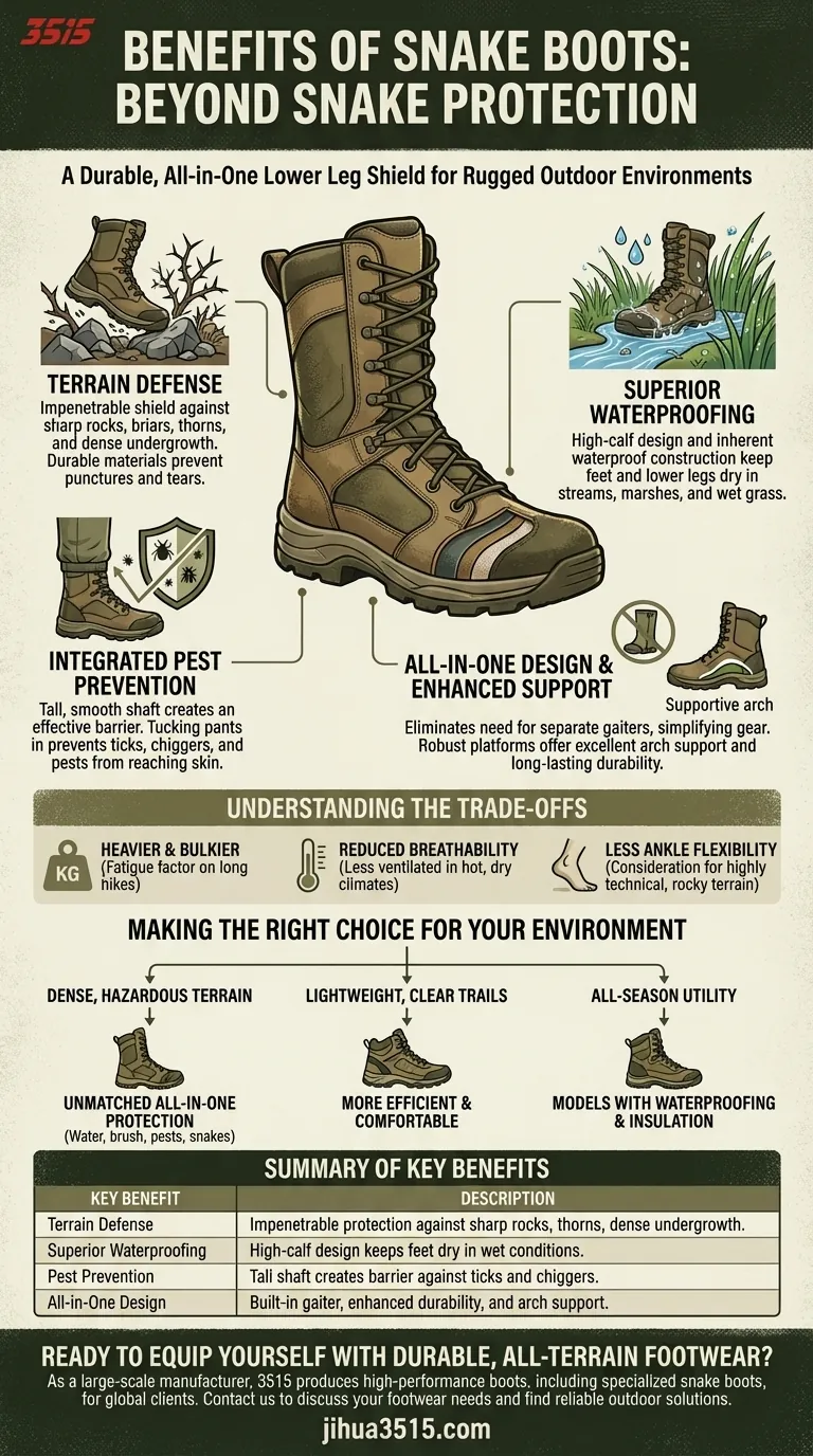 ヘビからの保護以外に、ヘビブーツにはどのような利点がありますか？オールインワンの脚部シールド ビジュアルガイド