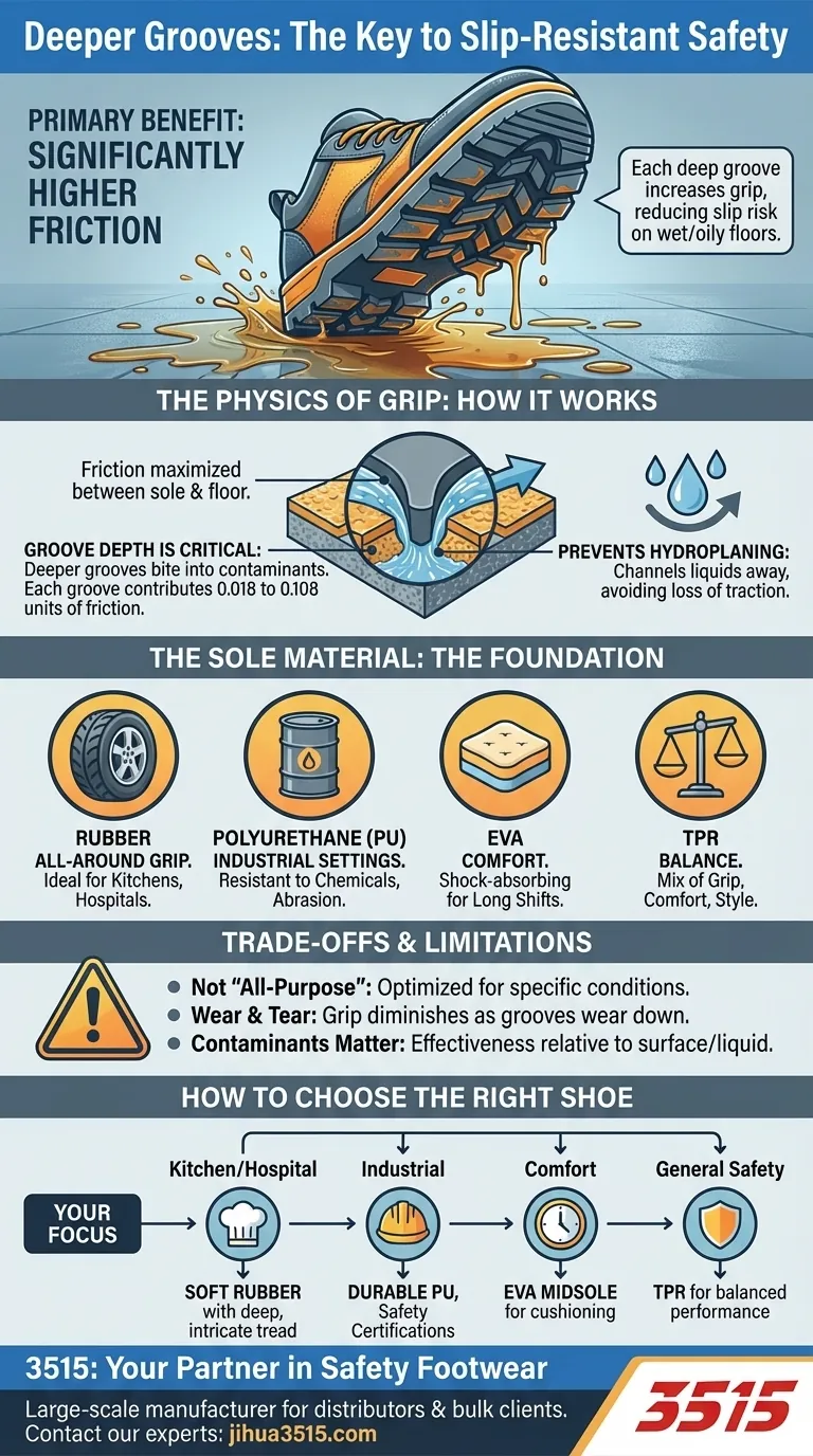 Quel est l'avantage des rainures plus profondes dans les semelles de chaussures antidérapantes ? Maximiser la traction et la sécurité Guide Visuel