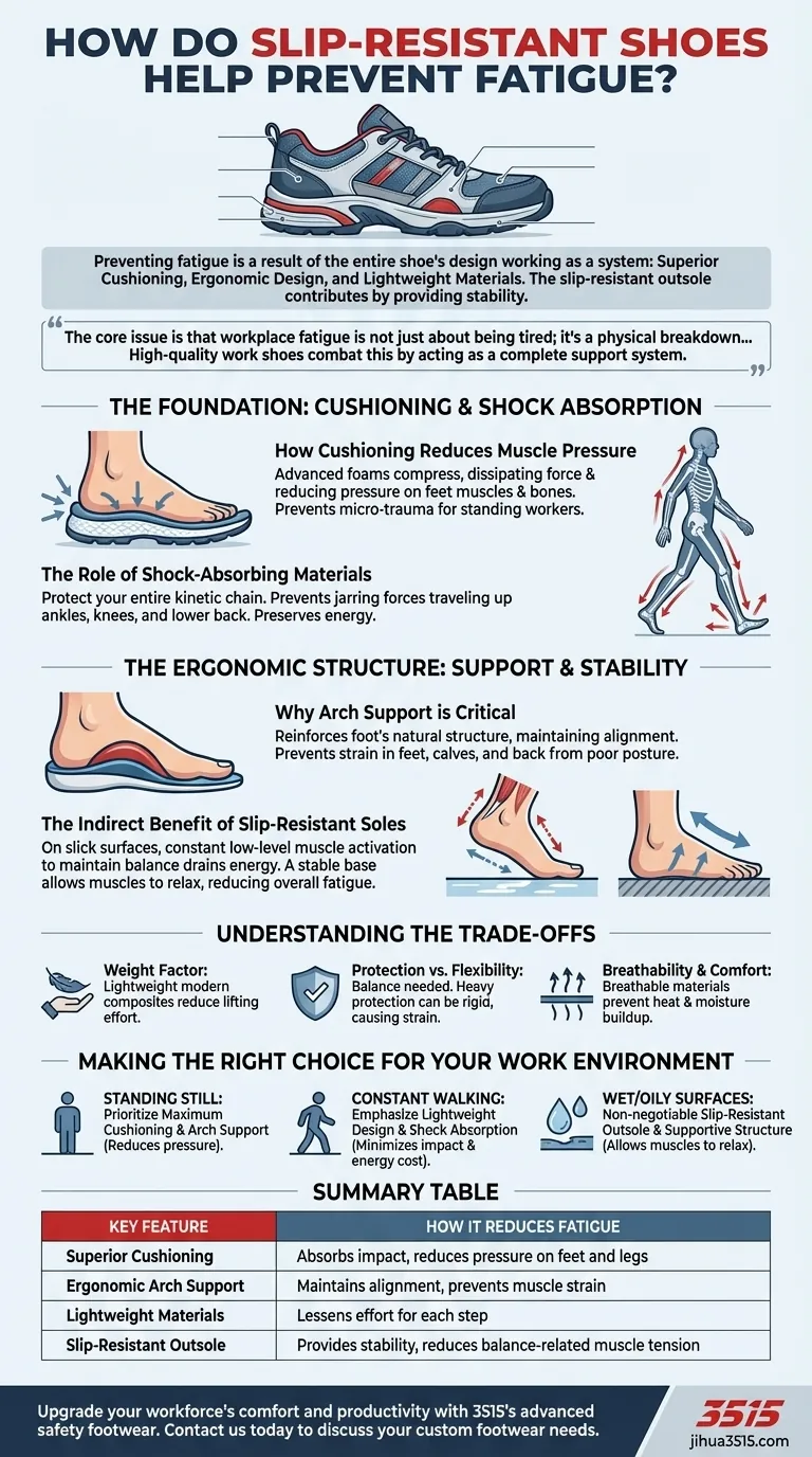 Как противоскользящая обувь помогает предотвратить усталость? Снижение мышечного напряжения благодаря эргономичной поддержке Визуальное руководство