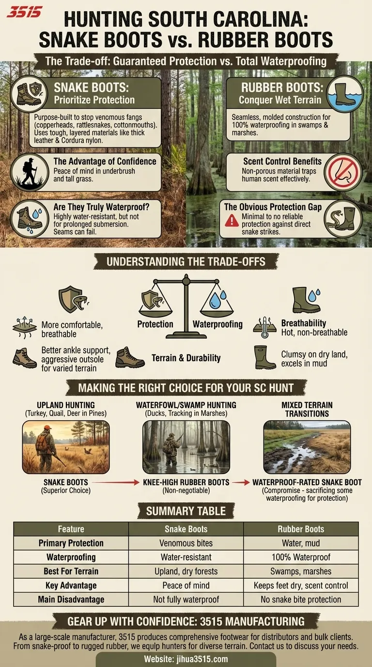 Quelles sont les principales considérations lors du choix entre des bottes anti-serpent et des bottes en caoutchouc pour la chasse en Caroline du Sud ? Protection contre les serpents contre protection contre les marais Guide Visuel